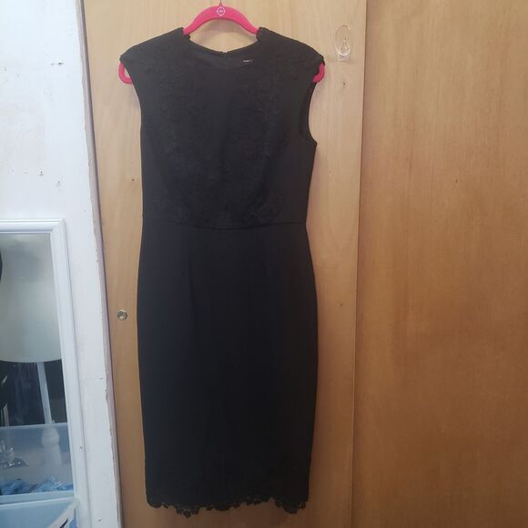 Maggy London Size 8 Womens Mystic Crepe & Lace Midi Sheath Dress Black - Picture 1 of 8